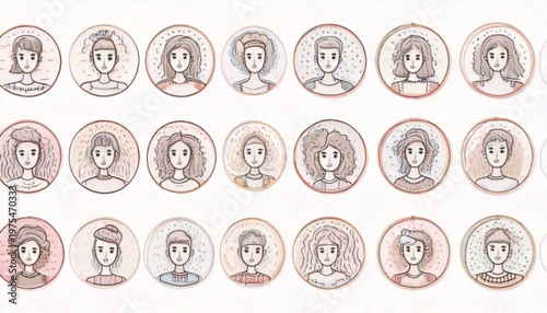 Collection of various illustrated portraits of diverse individuals in circular frames.