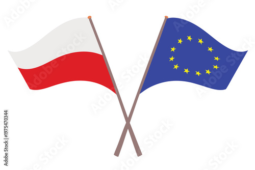 Poland and european union flags are crossed in a display