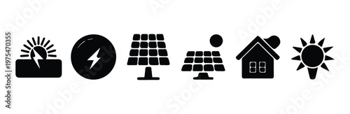 Black solid icons for solar energy electric shock house with sun and bright light source