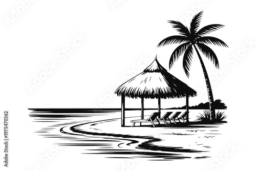 Black and white of a tropical beach with a palm tree and thatched hut thatched roof