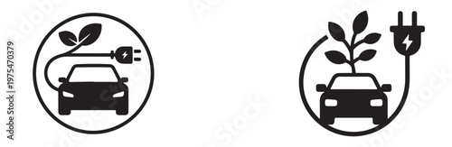 Electric vehicle eco friendly transport icon set with green leaf and charging plug symbols