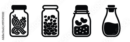 Kitchen pantry glass jars collection with various food items like beans and liquid storage