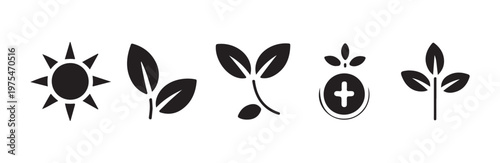 Sun, leaves, plants with plus symbol and sprout growth icons