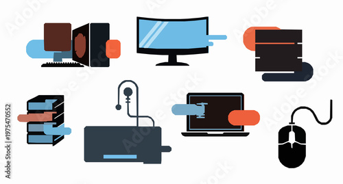 Creative computer icons with gaming pc laptop server and tech devices bold vector collection