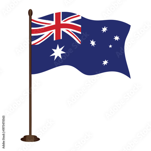 Illustration of the australian flag waving on a brown flagpole