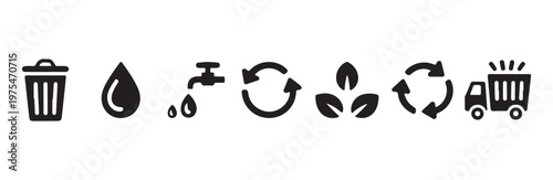 Waste management water recycling renewable energy and sustainable transport vector icon set