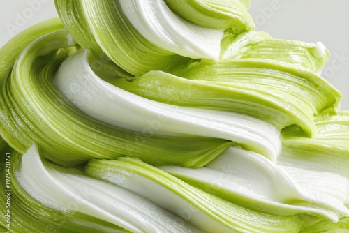 Close Up Of Swirling Green And White Soft Serve Ice Cream With Sparkles Against A Light Background
