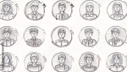 Collection of various portraits of people in circular frames, monochrome style.