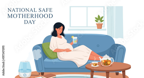A pregnant woman relaxing on a blue sofa while drinking a beverage is depicted in a bright vector illustration promoting National Safe Motherhood Day with a focus on maternal health