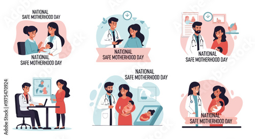 A set of maternal healthcare illustrations promoting National Safe Motherhood Day showcases doctors advising pregnant women and new mothers, depicted in a caring manner against a clean