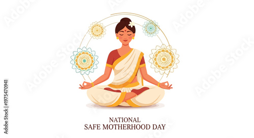 A serene woman in a traditional white sari meditates in the lotus position, symbolizing maternal health awareness, with decorative circular elements and a clean, minimalist aesthetic