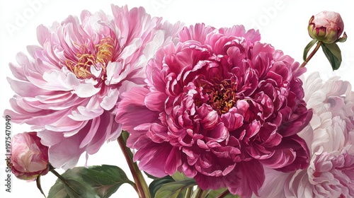 Close up of vibrant pink and white peonies with delicate petals and green leaves against a clean white background showcasing natural beauty and floral elegance