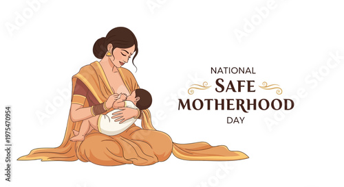 A serene vector illustration commemorates National Safe Motherhood Day, depicting a mother tenderly breastfeeding her baby while seated against a clean white background, radiating a sense
