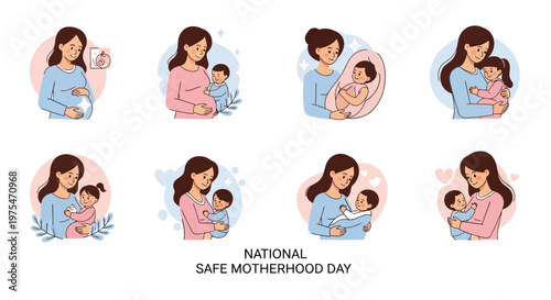 A set of eight vector illustrations promoting maternal health awareness and safe motherhood, depicting diverse scenes of mothers caring for their babies with soft pastel colors on a clean