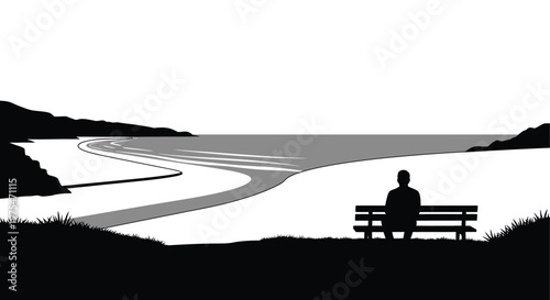 Lone person sitting on park bench overlooking serene water landscape, vector illustration