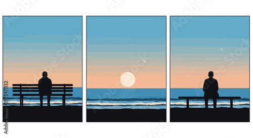 Silhouette of person sitting on park bench watching sunset over ocean, tranquil scene vector illustration