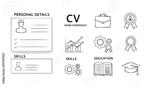 A vector graphic illustration of various icons and symbols related to a resume or CV including personal details skills work experience education and achievements in a minimalist line art style