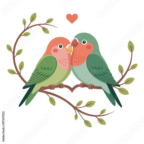 Charming Lovebirds Pair Perched on a Heart-Shaped Branch, Symbolizing Affection and Romance