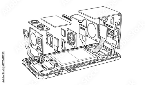 A detailed line drawing of a disassembled electronic device showing its internal components and mechanical structure in a technical illustration style