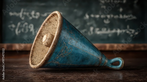 Vintage Ceramic Megaphone With Blue Speckled Glaze and Golden Accents Resting on a Wooden Surface with a Blurred Chalkboard Background Featuring Handwritten Text and Numbers Illuminated by Soft