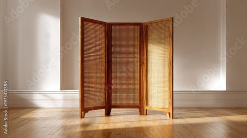 Warm Natural Light Illuminates an Antique Wooden Room Divider with Intricate Weave and Teal Fabric Interior Standing on a Textured Wooden Floor
