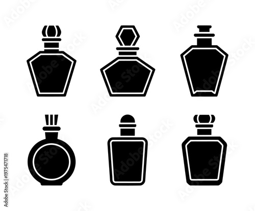 Vector of six black perfume bottles with various unique shapes and stoppers