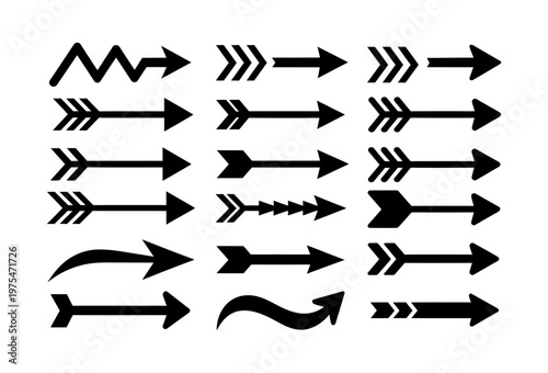 Vector showcases a diverse set of black arrows pointing in multiple directions