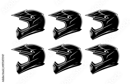 Six black motorcycle helmets with visors in a vector design