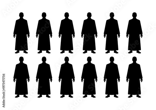 Vector of twelve identical silhouetted figures standing in two rows with long robes