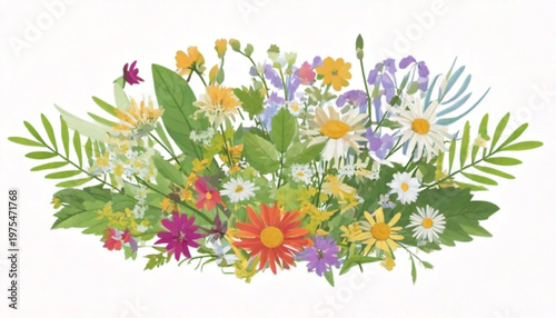 Colorful floral arrangement of various wildflowers and green foliage on white background.