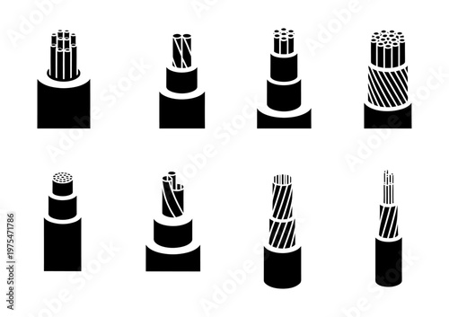 Collection of eight vectors showcasing different types of electrical cables