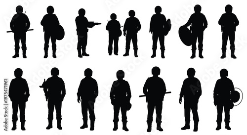 Silhouette Figures of Riot Police Officers with Shields and Batons on White Background, Vector Illustration