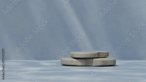Blue stacked stone cosmetic podium for skincare product display and branding mockup. Minimal studio setup with soft light and clean composition. 3D render.
