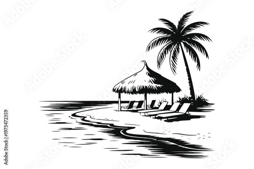 Black and white of tropical beach with palm tree and beach hut sandy shore