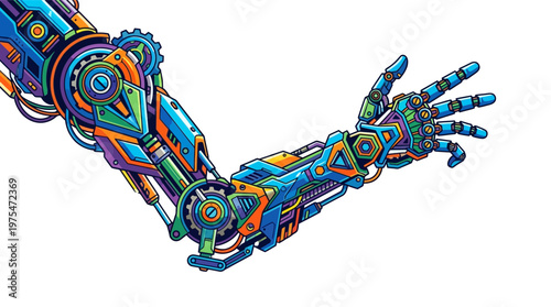 Robotic arm with colorful metallic details.
