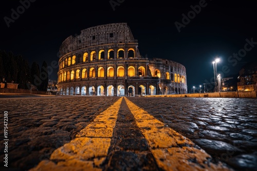 Ancient Roman Colosseum Illuminated at Night with Cobblestone Street and Yellow Lines in Foreground Rome Italy Iconic Landmark Exterior Architecture Tourism Travel Destination Monumental Amphitheater
