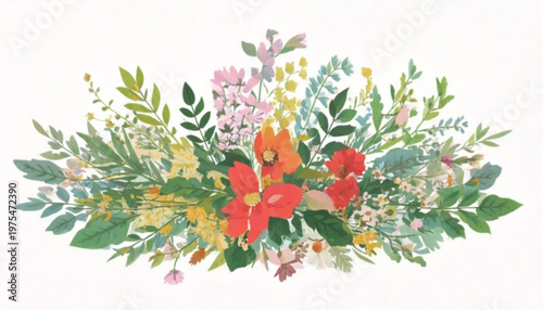 Colorful floral arrangement with vibrant blossoms and lush foliage on white background.