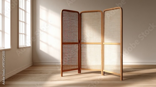 Antique wooden room divider screen with intricate lattice pattern casting geometric shadows on a sunlit wooden floor in a minimalist studio apartment with large windows and soft natural light