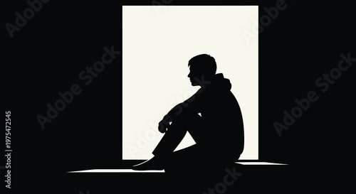 Silhouette of a lonely man sitting in a doorway against a bright white background, contemplation vector illustration