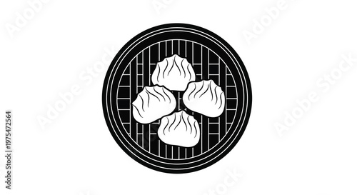Steamed dumplings in bamboo steamer basket, top view, simple black and white vector illustration.