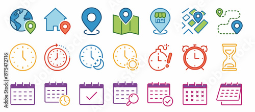 Collection of icons representing navigation, time, and scheduling for various applications and services