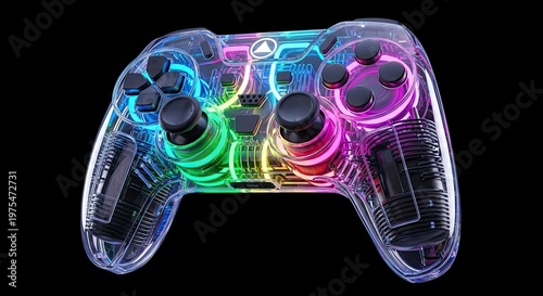 A transparent gaming controller with colorful neon lights against a black background
