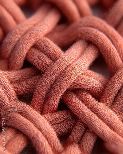 Close Up Macro Shot of Intertwined Coral Pink Threads Forming a Textured Woven Fabric Pattern with Soft Natural Lighting Highlighting Fiber Details