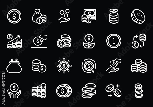 Coins icon set. Contain icons related to Coins, money, and more. Editable stroke. Vector Illustration
