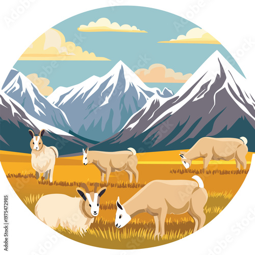 Herd of llamas grazing in a vibrant mountain landscape illustration