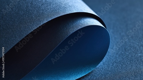 Close up on a textured dark blue paper with sparkling highlights rolled into a curve showing a glossy underside illuminated by cool blue light creating a smooth and elegant abstract background