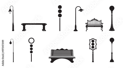 Urban Street Furniture Silhouette Icon Set – Lamps, Benches and Traffic Signals Art & Illustration