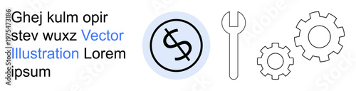 Financial management, repair tools, technical support, maintenance, business operations, economic strategy. Circular dollar symbol, wrench and gears. Financial management and repair tools concept