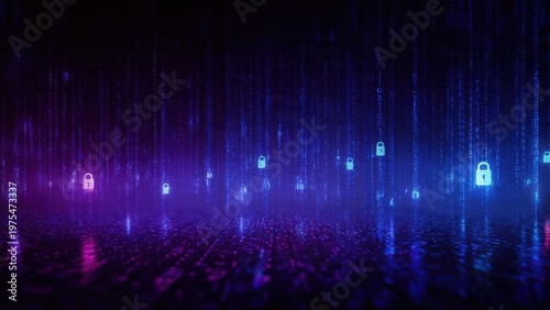 password day A futuristic digital landscape with glowing blue and purple padlocks falling from the sky world password day