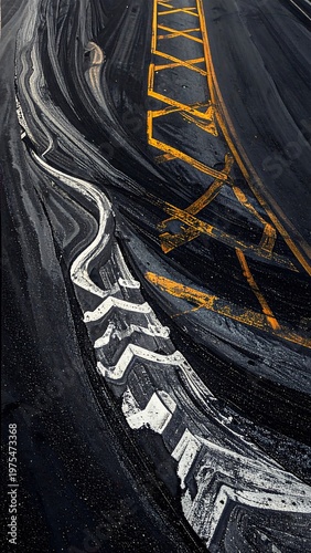 Abstract view of road markings and asphalt in contrasting tones